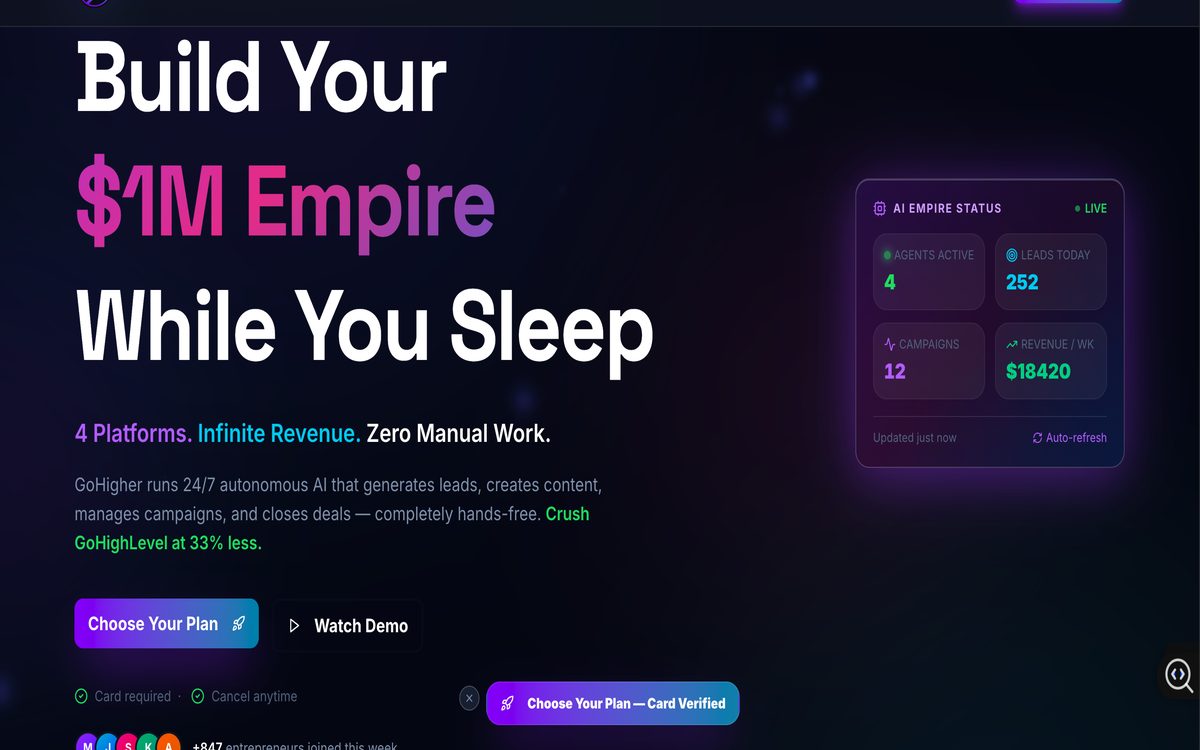 GoHigherDash homepage — Build your $1M empire while you sleep